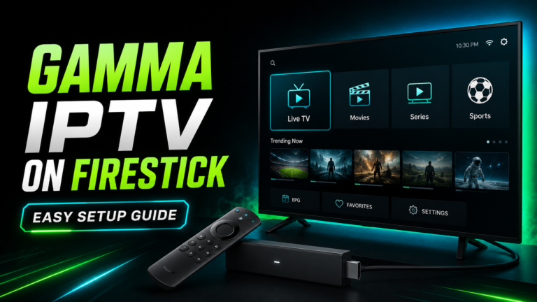 GAMMA IPTV on Firestick easy setup guide with streaming device, remote, and Smart TV showing IPTV categories.
